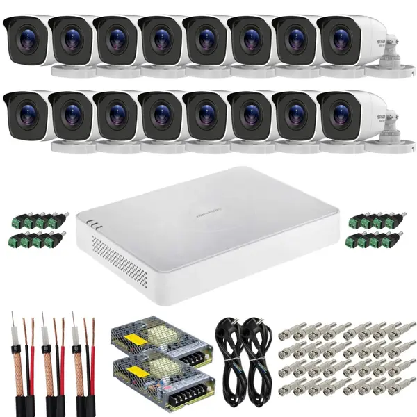 Sistem supraveghere complet Hikvision Hilook pentru exterior, 16 camere, 2MP, Infrarosu 20m, DVR, Accesorii pentru montaj, Vizualizare de pe mobil