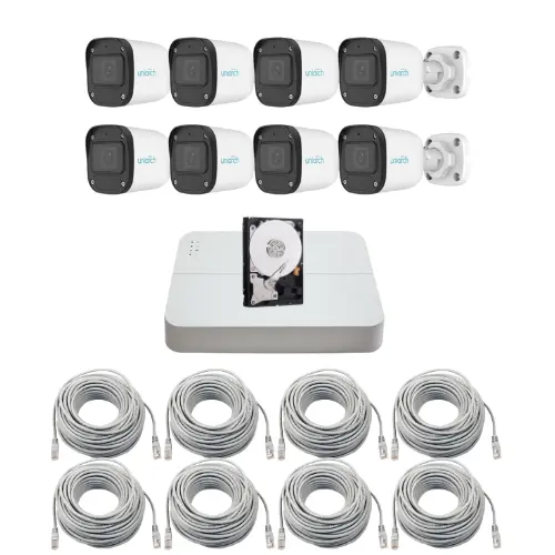Sistem supraveghere complet IP Uniarch, 8 camere 2MP Full HD, Microfon, IR 30m, Pentru exterior, Vizualizare de pe mobil, NVR 8 canale, Accesorii montaj, HDD 1TB