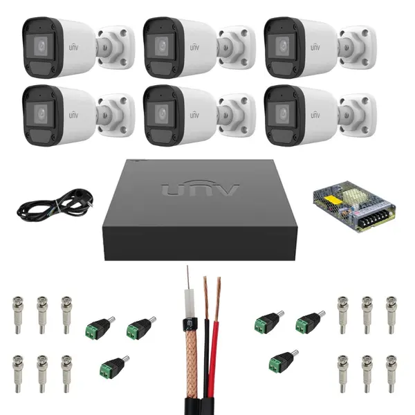 Sistem supraveghere complet Uniview, 6 camere, 2MP, Full HD, Microfon, IR 20m, Accesorii montaj inclus, DVR, HDD, Vizualizare pe mobil