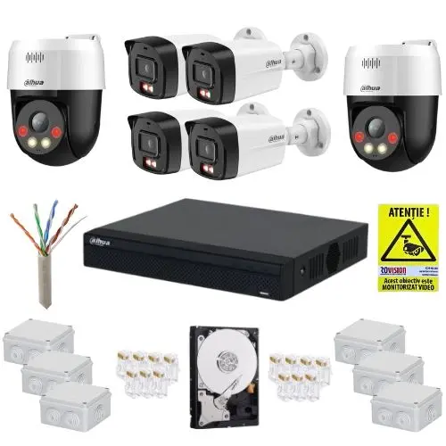 Sistem supraveghere cu functii inteligente IP, Dahua, 4 camere fixe 4MP, IR 30m, Microfon, 2 camere rotative 5MP, Difuzor, Alarma, Accesorii montaj, HDD 1TB