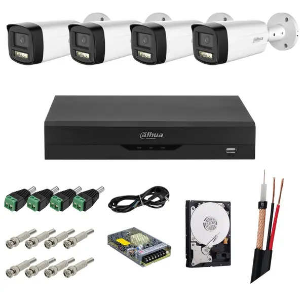 Sistem supraveghere Dahua, Functii inteligente, 4 camere analog, 5MP, IR 80m, Microfon, Starlight, de exterior, DVR 4 canale, Accesorii montaj incluse