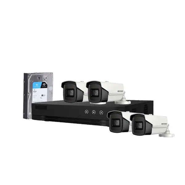 Sistem supraveghere exterior cu HDD 1TB HikVision, 4 camere, 5 MP, IR 60 m, 2.8 mm