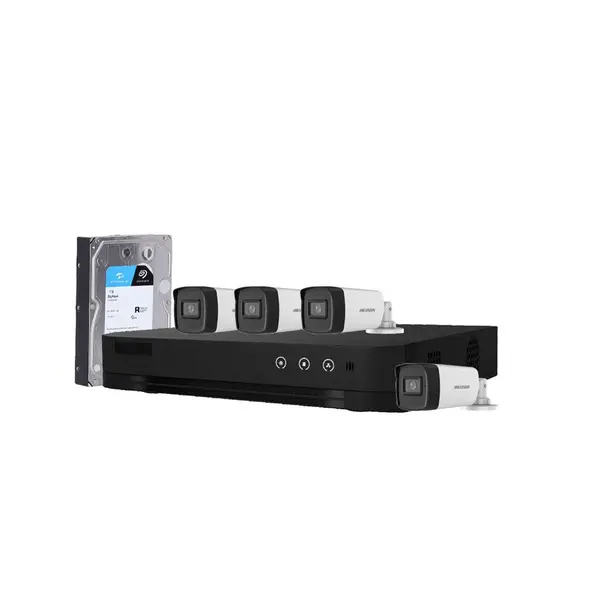 Sistem supraveghere exterior cu HDD 1TB HikVision, 4 camere, 5 MP, IR 40 m, 2.8 mm, microfon