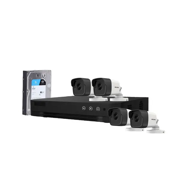 Sistem supraveghere exterior cu HDD 1TB HikVision, 4 camere, 5 MP, IR 30 m, 2.8 mm, microfon