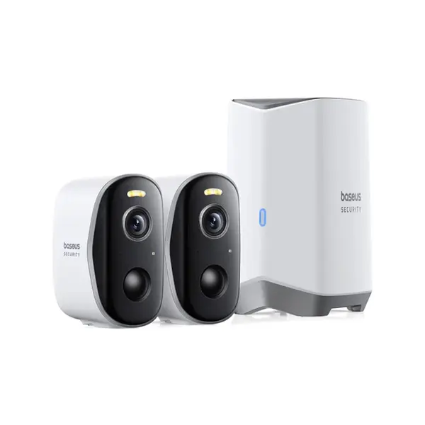 Sistem supraveghere exterior wireless WiFi Baseus N1, 2 camere, 3 MP, 3 mm, IR / lumina alba 40 m, microfon si difuzor, 16 GB, 7800 mAh, detectie miscare