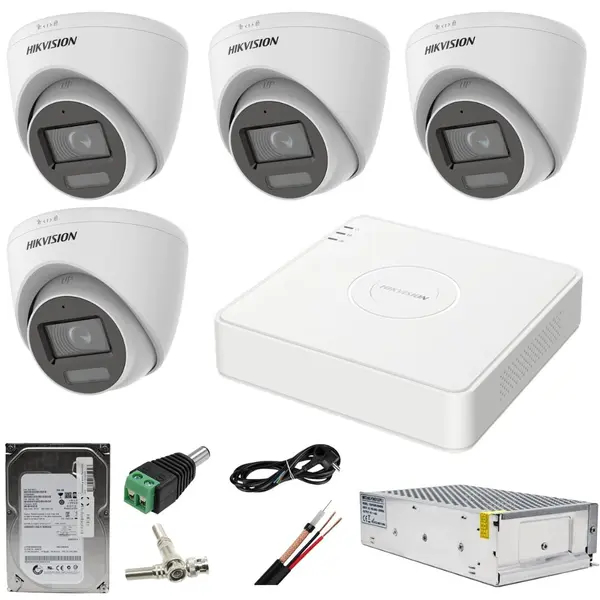 Sistem supraveghere Hikvision 4 camere 5MP Dual Light WL 20m IR 20m DVR 5MP AcuSense cu accesorii incluse HDD 500GB