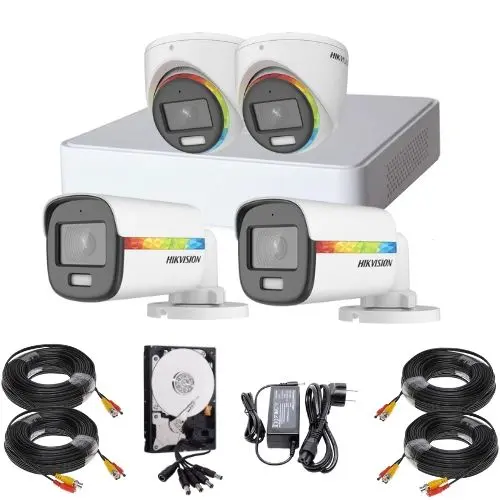 Sistem supraveghere Hikvision ColorVu, 2 camere exterior 2MP WL 20m Audio, 2 camere interior 2MP WL 20m Audio, DVR 4 canale 2MP, Accesorii, HDD 500GB
