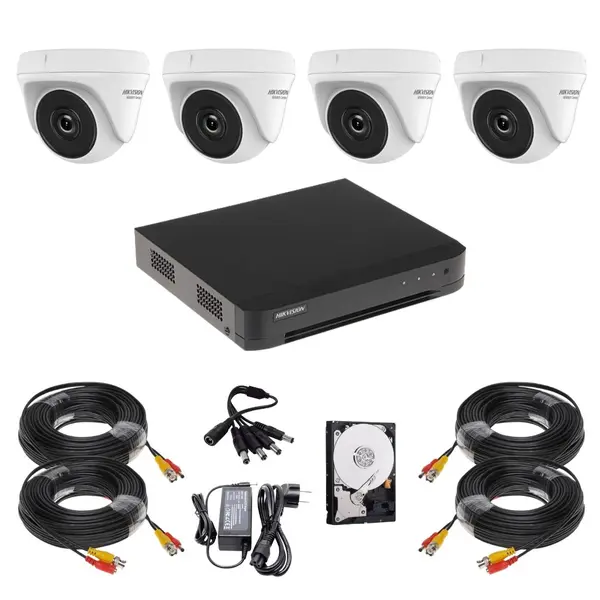 Sistem supraveghere Hikvision HiWatch, 4 camere, 5MP, Infrarosu 20m, DVR 4 canale, HDD 500GB, Accesorii montaj