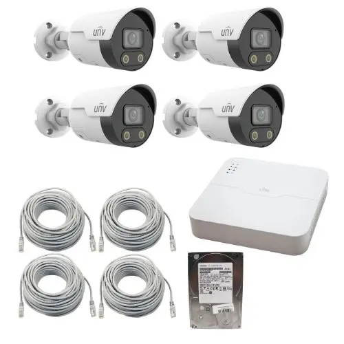 Sistem Supraveghere IP Complet UNV cu 4 Camere IP 4MP ColorHunter, Dual Light, Audio Bidirectional, PoE, NVR 4 Canale + 4 porturi Long PoE, HDD 1TB