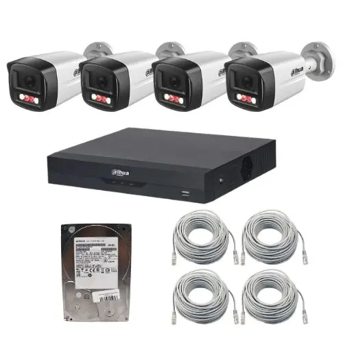 Sistem supraveghere IP Dahua, 4 camere 2MP Dual Light IR 30m, PoE, microfon, NVR 4 canale 16MP WizSense, PoE, HDD 500 GB, cabluri