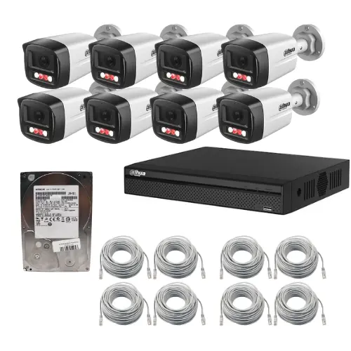 Sistem supraveghere IP Dahua, 8 camere 2MP, Dual Light lumina alba / IR 30m, PoE, microfon, NVR 8 canale POE, 8MP, HDD 1TB, cabluri