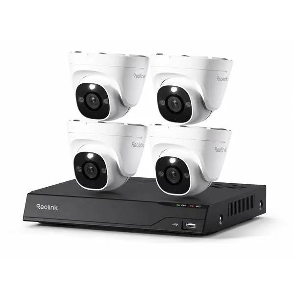 Sistem supraveghere IP Dome Reolink NVS8-8MD4, 4 camere, 8 MP, IR 30 m, 4 mm, microfon, detectie om/vehicul/animal, PoE, HDD 2 TB inclus