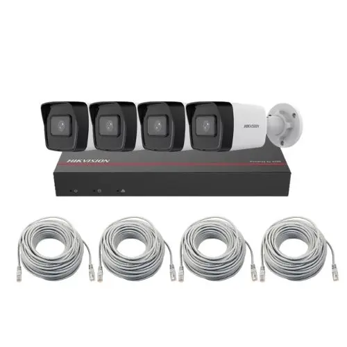 Sistem supraveghere IP Hikvision, 4 x camere IP 4 MP, IR 30m, PoE, 4 x cabluri, NVR, SSD 1 TB, Vizualizare imagini de pe mobil