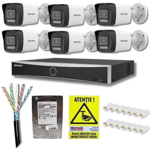 Sistem supraveghere IP Hikvision 6 camere 4MP Dual Light 30m Microfon PoE, NVR 8 canale 8MP 4K, Accesorii montaj, HDD 2TB, Autocolant Rovision