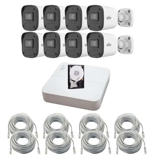 Sistem supraveghere IP Uniview, 8 camere, 4MP, PoE, IR 30m, Microfon, DVR 8 canale, Accesorii montaj