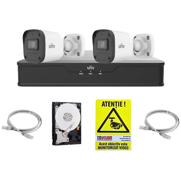 Sistem supraveghere IP UNV, 2 camere de exterior, 4MP, IR 30m, Microfon, PoE, Vizualizare pe mobil, NVR 4 canale, HDD 500GB, Accesorii