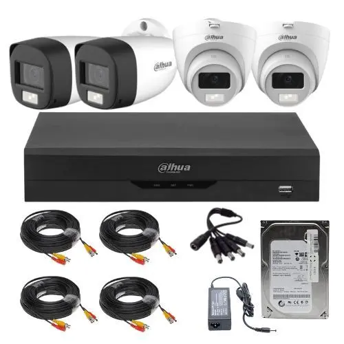 Sistem Supraveghere Mixt Dahua, 2x Bullet 2MP IR + 2x Dome Dual Light 2MP, Microfon Integrat, DVR 4 Canale, HDD 500GB, Accesorii