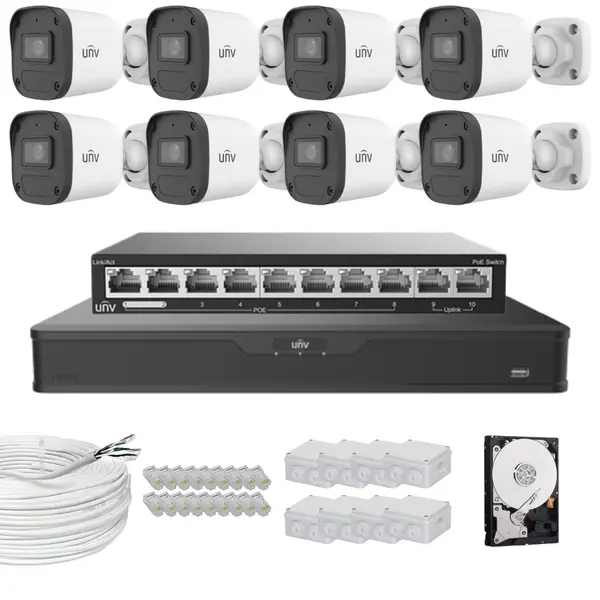 Sistem supraveghere profesional Uniview, 8 camere, 4MP 2K, IR 30m, Microfon, NVR 16 canale, Accesorii montaj incluse, HDD 2TB, Switch PoE