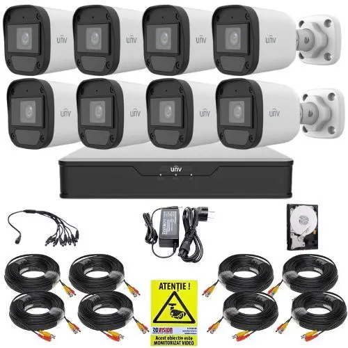 Sistem supraveghere Uniview, 8 camere 5MP, Imagini color noaptea, Lumina Alba 20m, DVR 8 canale 5MP, Accesorii montaj, HDD 1TB, Autocolant Rovision