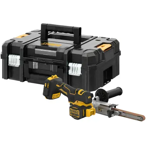 Slefuitor cu banda pe acumulator DeWALT DCM200NT, 18V XR, motor fara perii, iluminare LED, latime banda 13 mm, viteza variabila maxima 1.700 m/min, brat pivotant 173 grade, cutie transport TSTAK, fara incarcator/acumulator