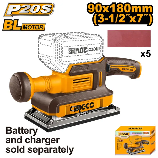 Slefuitor orbital 20V, 90x180mm, 13000rpm, motor brushless, fara acumulator, INGCO CFSLI2031