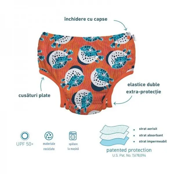 Slip copii eco SPF 50+ refolosibil, cu capse Green Sprouts by iPlay Tea Turtle 12 luni