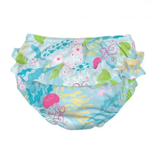 Slip fete refolosibil SPF 50+ cu capse si volanase Green Sprouts by iPlay Aqua Coral Reef 18 luni