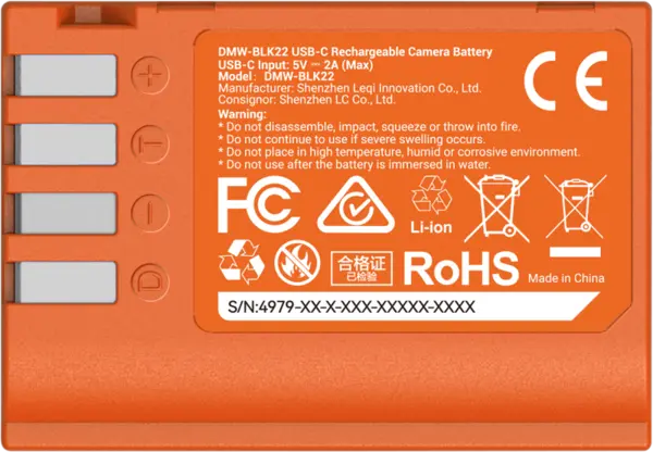 SmallRig 4979 Baterie reincarcabila USB-C DMW-BLK22 Orange, Acumulator dedicat Panasonic