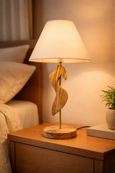 Smaranda , lampa din maslin masiv cu abajur textil handmade