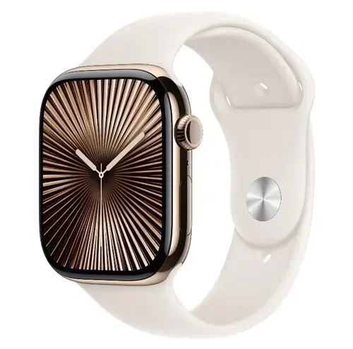 Smartwatch Apple Watch 10 GPS Cellular, Carcasa Gold Titanium 46mm, ecran LTPO OLED, 64GB, curea silicon Starlight Sport Band - M/L (Auriu)