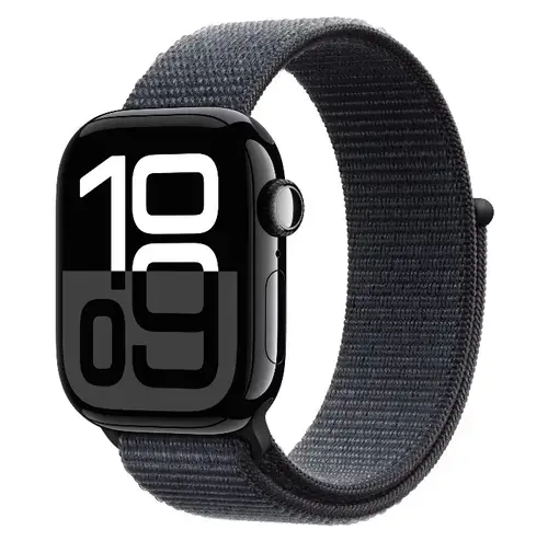 Smartwatch Apple Watch 10 GPS Cellular, Carcasa Jet Black Aluminium 46mm, ecran LTPO OLED, 64GB, curea textil Ink Sport Loop (Negru)
