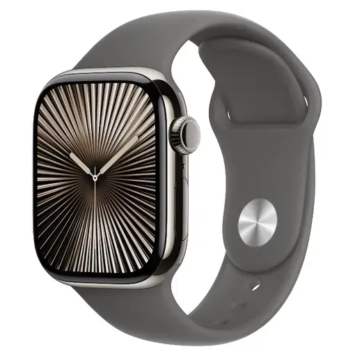 Smartwatch Apple Watch 10 GPS Cellular, Carcasa Natural Titanium 42mm, ecran LTPO OLED, 64GB, curea silicon Stone Grey Sport Band - M/L (Gri)