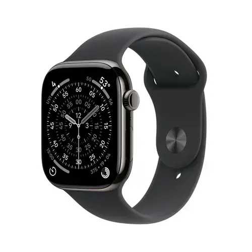 Smartwatch Apple Watch 11, GPS + Cellular, 46mm, Ecran Retina LTPO OLED, Chip S10 cu Procesor Dual-Core, 64GB Flash, Wi-Fi, Bluetooth, Carcasa Titan, Curea Sport Band S/M (Negru)