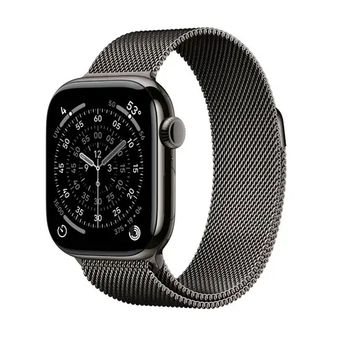 Smartwatch Apple Watch 11, GPS + Cellular, 46mm, Ecran Retina LTPO OLED, Chip S10 cu Procesor Dual-Core, 64GB Flash, Wi-Fi, Bluetooth, Carcasa Titan, Curea Milanese Loop M/L (Gri)