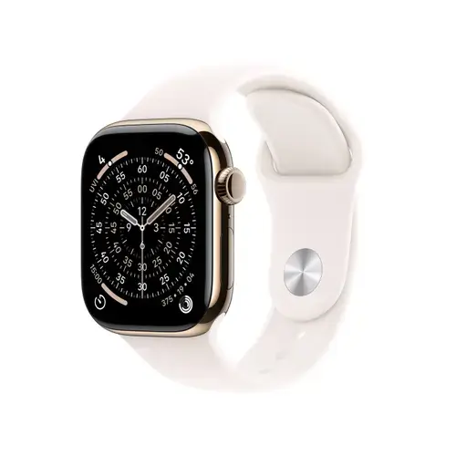 Smartwatch Apple Watch 11, GPS + Cellular, 46mm, Ecran Retina LTPO OLED, Chip S10 cu Procesor Dual-Core, 64GB Flash, Wi-Fi, Bluetooth, Carcasa Titan, Curea Sport Band M/L (Auriu)