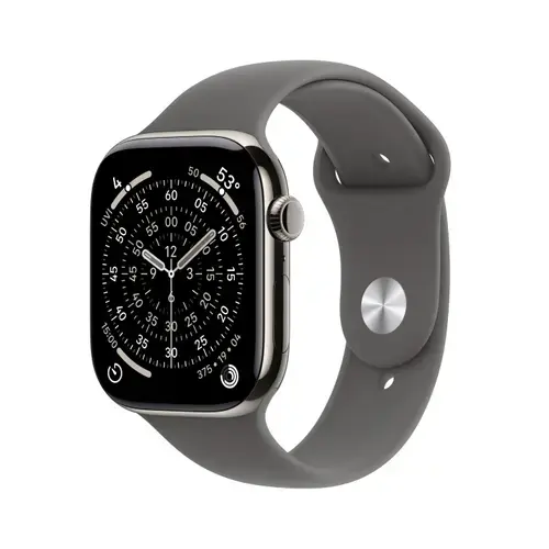 Smartwatch Apple Watch 11, GPS + Cellular, 46mm, Ecran Retina LTPO OLED, Chip S10 cu Procesor Dual-Core, 64GB Flash, Wi-Fi, Bluetooth, Carcasa Titan, Curea Sport Band M/L (Argintiu)