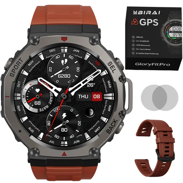 Smartwatch Bărbați GloryFitPro BIRAI®, AMOLED 1.43", GPS, Apel Bluetooth, Rezistent 5ATM, Caramiziu