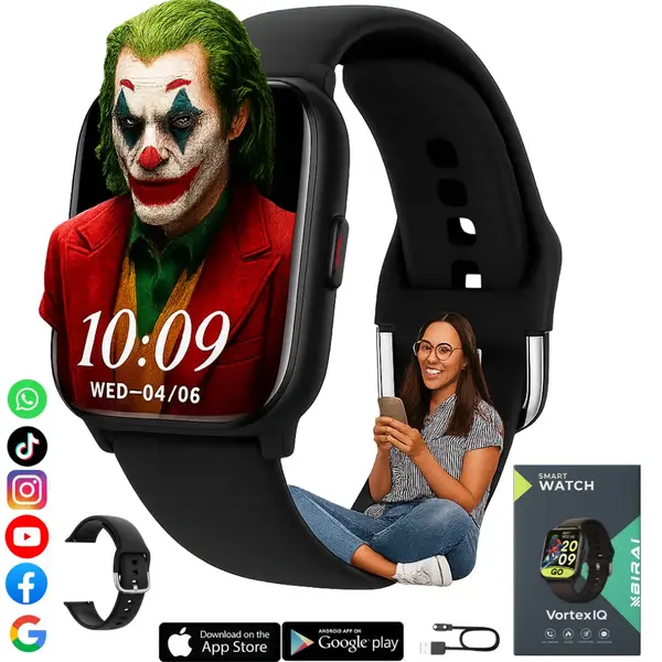 Smartwatch damă VortexIQ by BIRAI®, ecran 1.85" TFT, fitness & sport, apel Bluetooth, rezistent apă 3ATM, Android/iOS, curea silicon, Negru