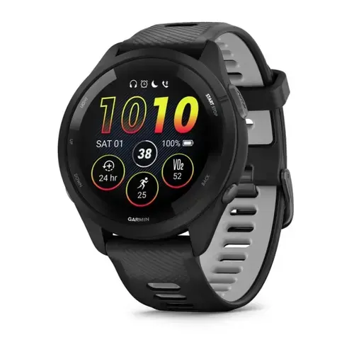 Smartwatch Garmin Forerunner 265, GPS, 46mm, Ecran AMOLED 1.3inch, Bluetooth, Wi-Fi, ANT+, Autonomie 13 zile, Monitorizare avansata activitati, 5 ATM (Negru/Gri)