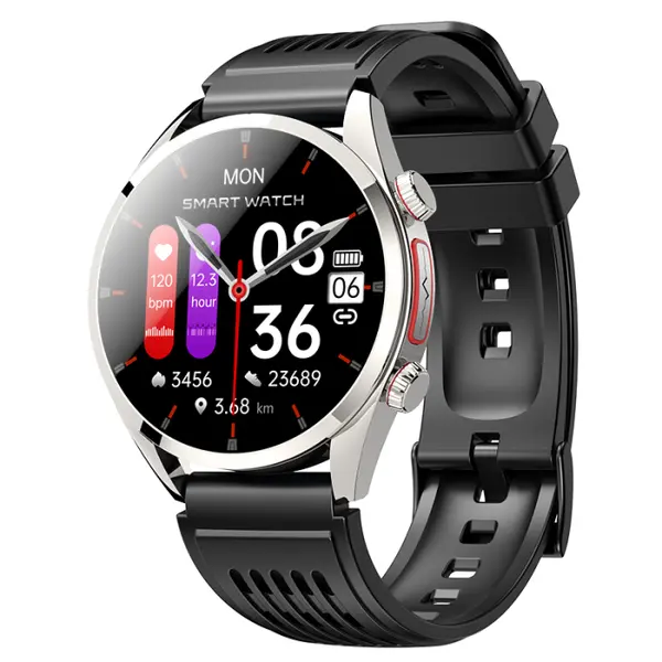 Smartwatch iSEN FE02, Silver, Curea Silicon Neagra, 1.43 AMOLED, EKG, Ritm Cardiac, SpO2, Glicemie, Tensiune, Moduri Sport, Apelare HD Bluetooth, 350 mAh, Android 5.0 sau iOS 10.0 sau ulterior