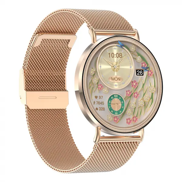 Smartwatch iSEN KM88 Auriu, 1.32 Amoled, HRV, ECG, Functii Sanatate, Bluetooth Call, Asistenta vocala, Compatibil iOS Android