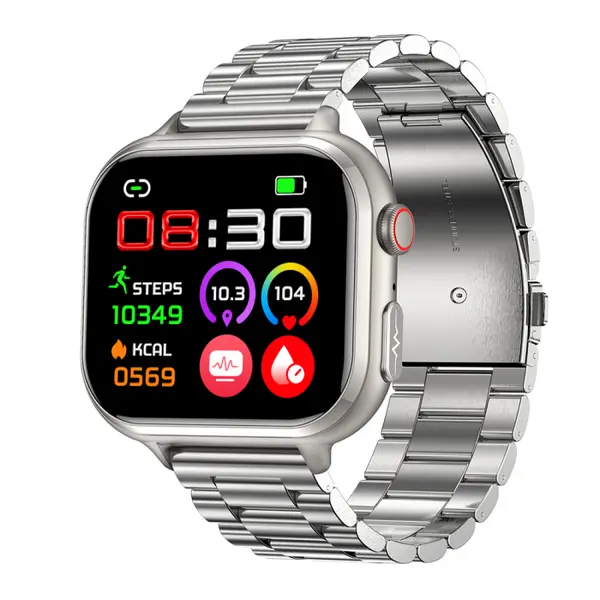 Smartwatch iSEN TK17 Argintiu, Otel, 1.91 HD, ECG, Ritm Cardiac, Oxigen in Sange, Glicemie, Tensiune Arteriala, Acid Uric, BMI, Monitorizare Somn, Moduri Sport, Apeluri, Control Muzica, Vreme, 380mAh