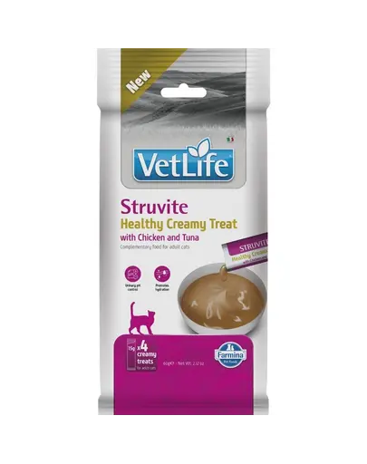 Snack cremos pisici adulte cu dietă pentru struviți FARMINA Vet Life Struvite 4x15 g cu pui și ton