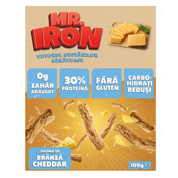 Snack cu 30% proteina fara zahar low-carb gluten free Branza Ceddar Tojos, 100g, Mr. Iron