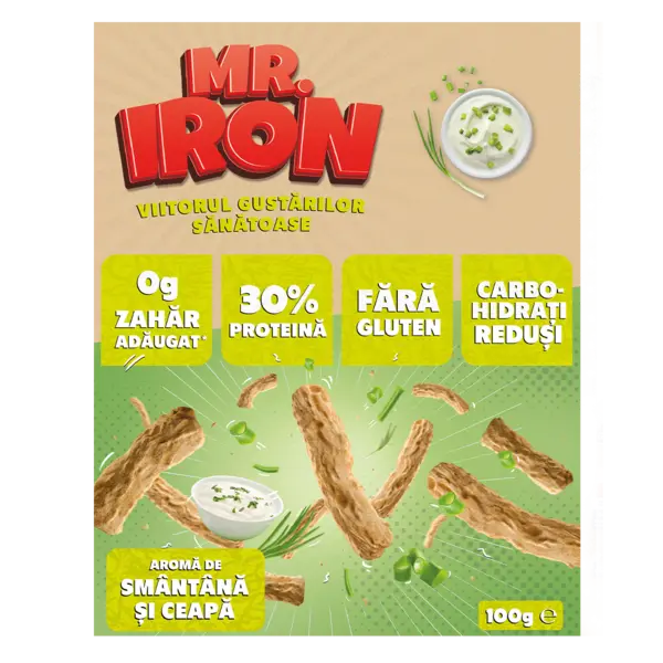 Snack cu 30% proteina fara zahar low-carb gluten free Smantana si Ceapa Tojos, 100g, Mr. Iron