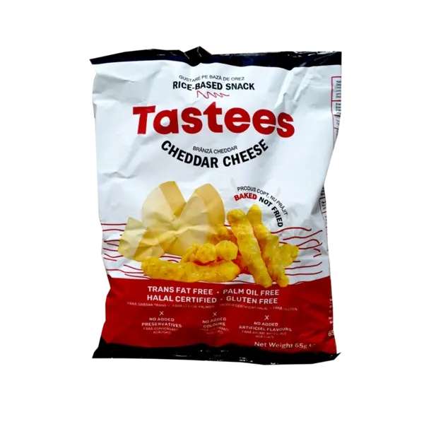 Snack din orez cu aroma de branza cheddar, 65g, Tastees