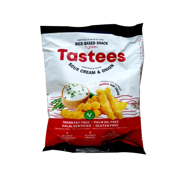 Snack din orez cu aroma de smantana si ceapa, 65g, Tastees