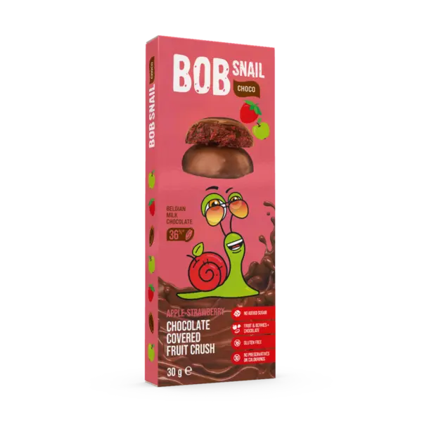 Snack fructat din mere si capsuni in ciocolata cu lapte, 30g, Bob Snail