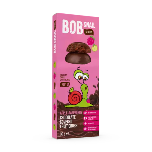 Snack fructat din mere si zmeura in ciocolata neagra, 30g, Bob Snail