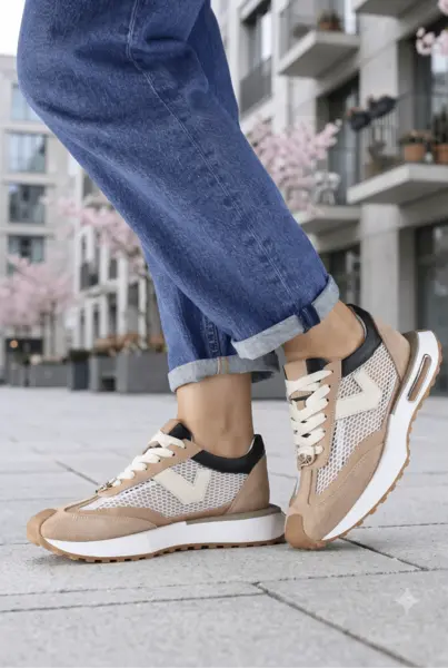 Sneakers din Piele Bej cu Alb - JOYCE BEIGE